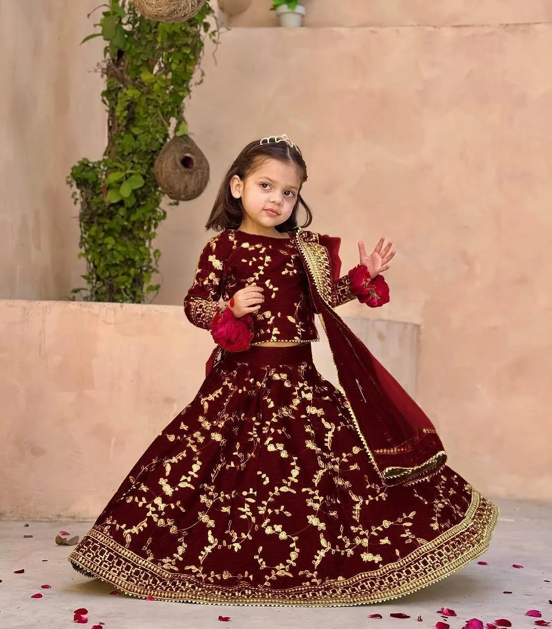 3 Pcs Girl's Shamoz Silk Embroidered Shirt And Skirt Set