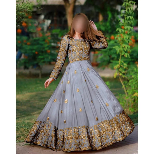 2 Pcs Women's Stitched Shamoz Silk Embroidered Frock And Trouser